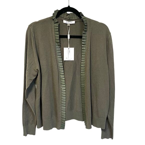 Sioni Milano Women's Olive Green Open Front Cardigan Sweater with Ruffle Trim L - Picture 1 of 6